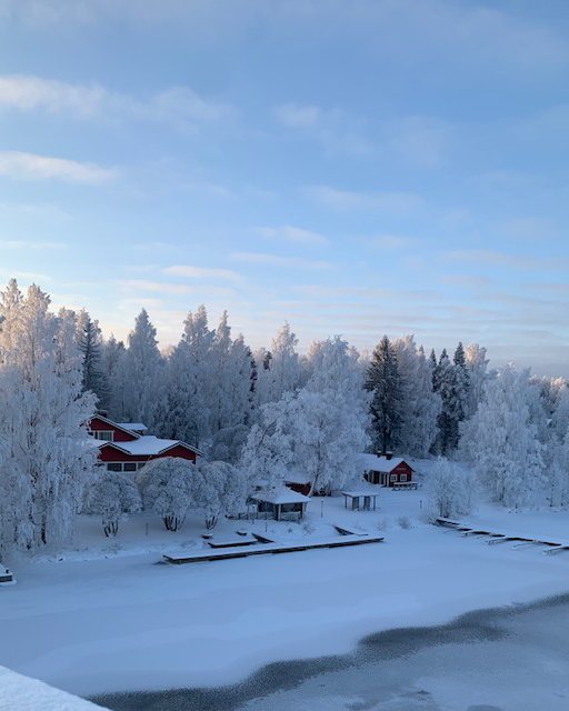 Talvinen Kerman ranta: huurteisia puita, punaisia rakennuksia ja jäinen järvi